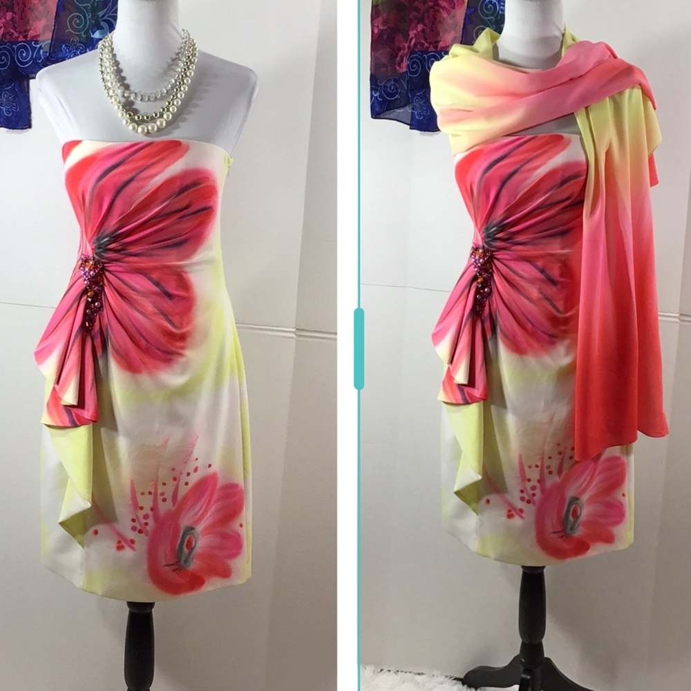 Cartise strapless floral burst statement dress with shawl